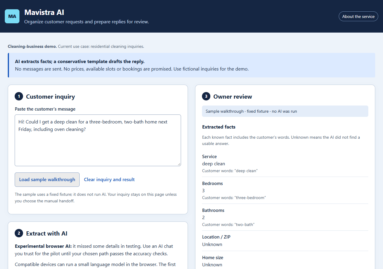 Working demo showing a customer's deep-clean inquiry and extracted property details for owner review